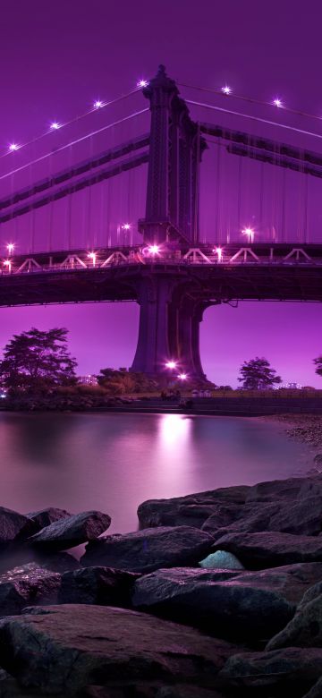 Manhattan Bridge, 8K, New York City, United States, Purple sky, Body of Water, River, Suspension bridge, Landscape, Famous Place, Tourist attraction, Rocks, Long exposure, City lights, Cityscape, Purple aesthetic, 5K