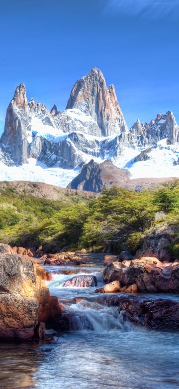 Fitz Roy, Patagonia, Glacier mountains, Snow covered, Argentina, Picturesque, River Stream, Rocks, Blue Sky, Mountain Peaks, Sunny day, Landscape, Scenery, 5K