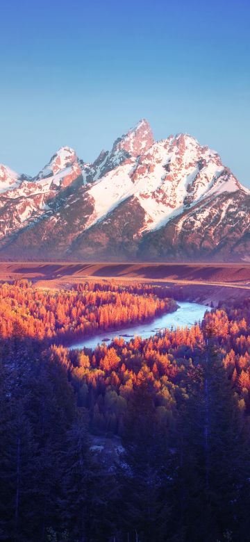 Grand Teton National Park, Snake River, Wyoming, USA, Sunrise, Glacier mountains, Blue Sky, Snow covered, Mountain range, Landscape, Scenery, Aesthetic, 5K