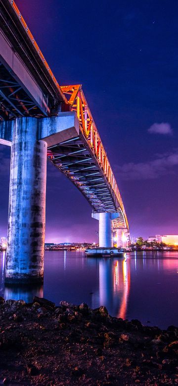 Mactan-Mandaue Bridge, Philippines, Under the bridge, Sergio Osmeña Bridge, Night time, City lights, Dusk, Body of Water, Worms Eye View, Reflection, Clear sky, 5K