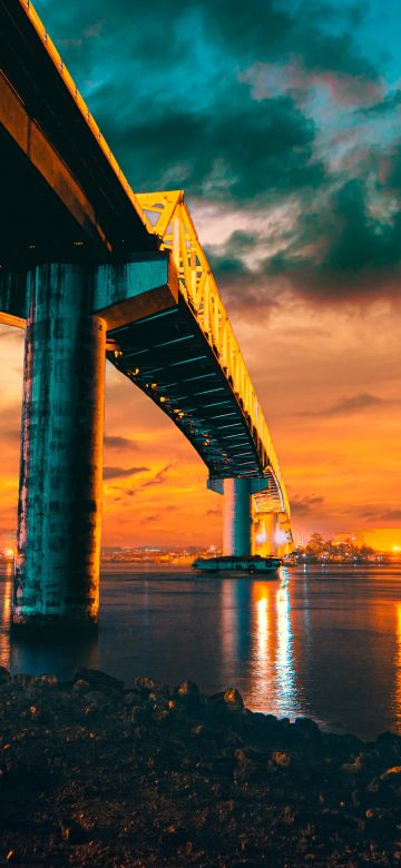 Sergio Osmeña Bridge, Philippines, Mactan-Mandaue Bridge, Sunset, City lights, Dusk, Body of Water, Reflection, Cloudy Sky, 5K