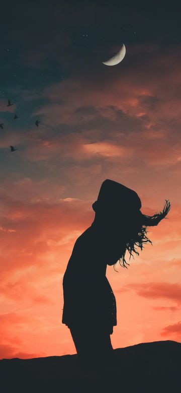 Girl, Evening sky, Silhouette, Crescent Moon, Dusk, Mood