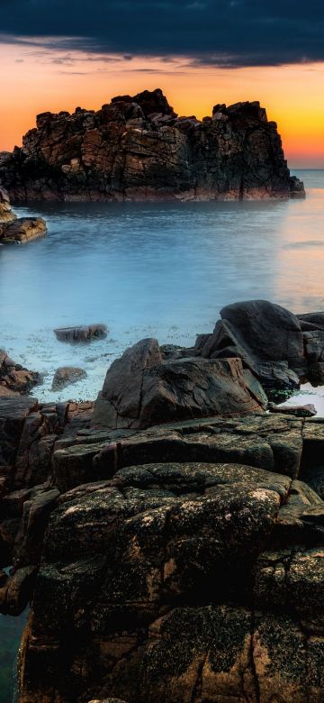 Rocky coast, Sunset Orange, Rock formations, Seascape, Ocean, Horizon, 5K