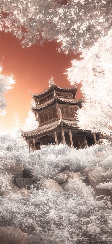 Pagoda, Temple, Ancient architecture, Trees, Infrared vision, 5K