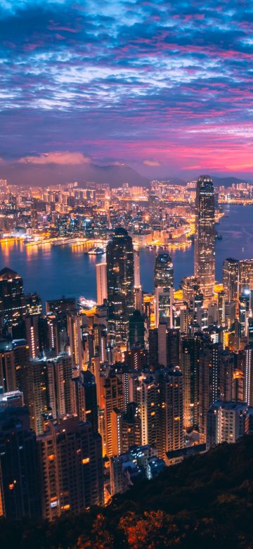 Hong Kong, Cityscape, Night, City lights, Metropolitan, Twilight, Skyline, Aerial view, 5K