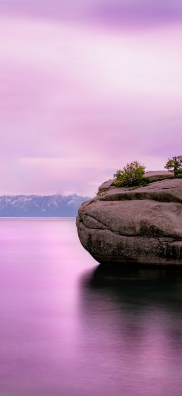 Lake Tahoe, United States of America, Pink sky, Rock, Long exposure, Mountain range, Body of Water, Pink Water, Landscape, Scenery, Shadow, 5K