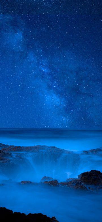 Thor's Well, Oregon, USA, Seascape, Blue Sky, Night time, Milky Way, Horizon, Galaxy, Starry sky, Ocean blue, Tourist attraction, Astronomy, Outer space, 5K