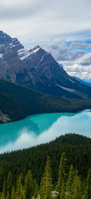 Peyto Lake, Canada, Glacier mountains, Snow covered, Landscape, Mountain range, Banff National Park, Canadian Rockies, Cloudy Sky, Turquoise water, 5K