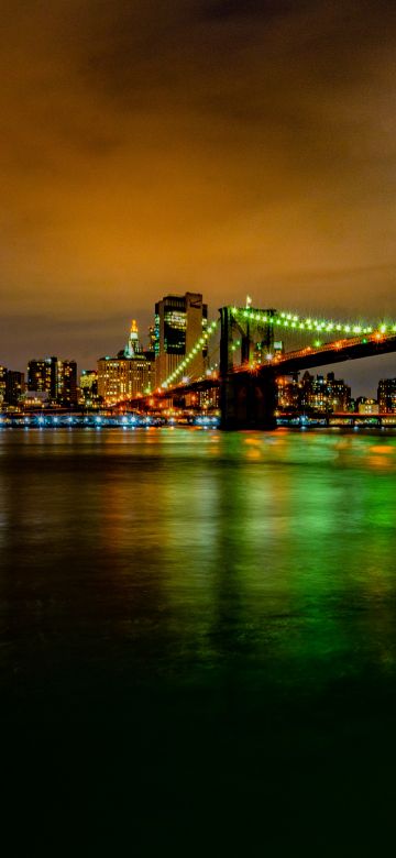 Brooklyn Bridge, New York, Cityscape, City lights, Night time, Skyline, Body of Water, Reflection, Long exposure, Skyscrapers, 5K