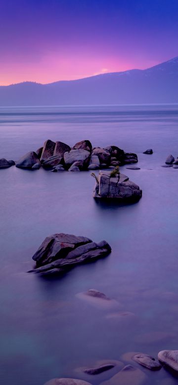 Rocky coast, Rock formations, Seascape, Ocean, Mountain, Sunrise, Purple sky, Dawn, Long exposure, Scenery, 5K, 8K