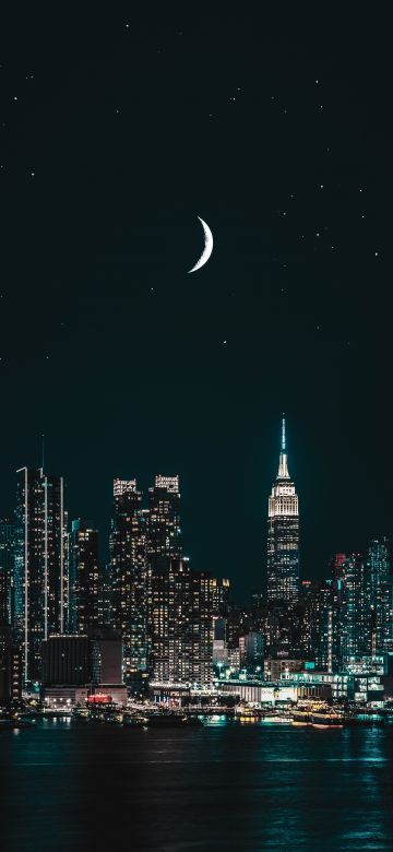 New York City, Starry sky, Cityscape, Night, City lights, Half moon