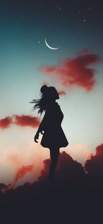 Girl, Mood, Silhouette, Evening sky, Crescent Moon, Aesthetic