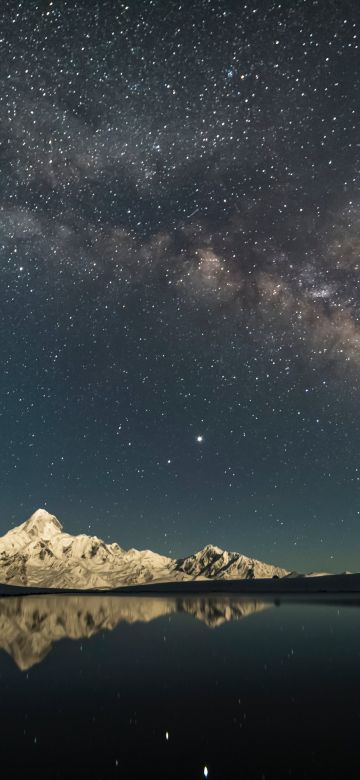 Mount Gongga, Minya Konka, China, Milky Way, Glacier mountains, Mountain Peak, Starry sky, Outer space, Astronomy, Lake, Reflection, Night time