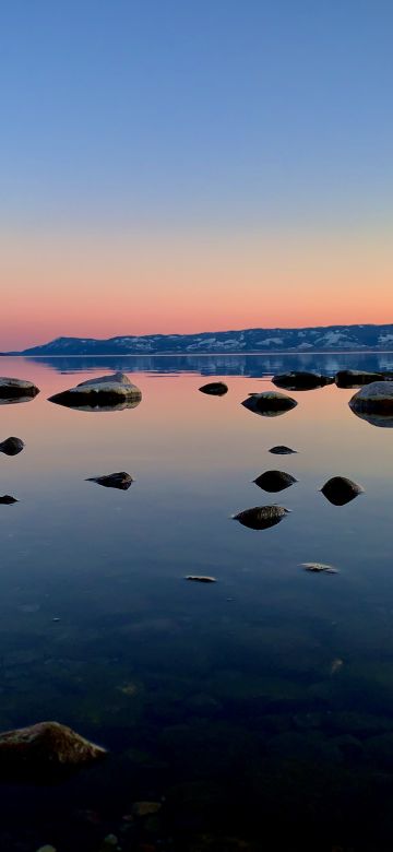 Mjøsa Lake, Norway, Sunset, Dusk, Red Sky, Clear sky, Rocks, Reflection, Landscape, Scenery