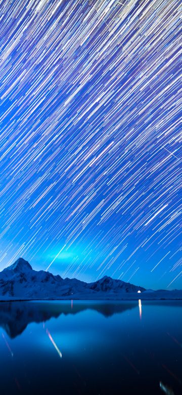 Star Trails, Astronomy, Mountain range, Mountain Peak, Glacier mountains, Snow covered, Landscape, Outer space, Lake, Reflection