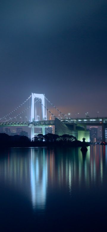 Rainbow Bridge, Night, Tokyo, Japan, Suspension bridge, Waterfront, Silhouette, Cityscape, City lights, Night time, Skyscrapers, Reflection, 5K