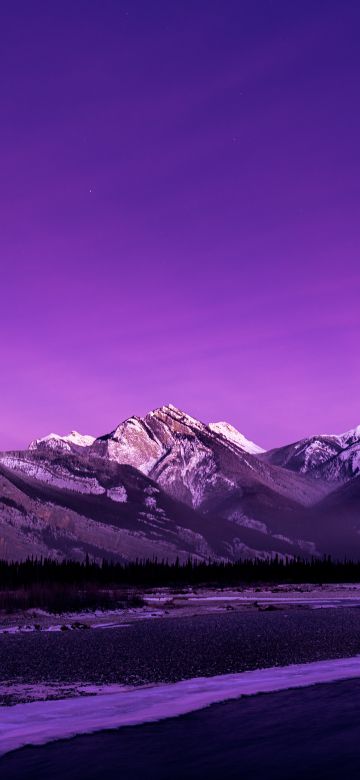 Jasper National Park, Purple aesthetic, Alberta, Canada, Morning glow, Purple sky, Rocky Mountains, Landscape, Long exposure, Mountain range, Scenery, 5K