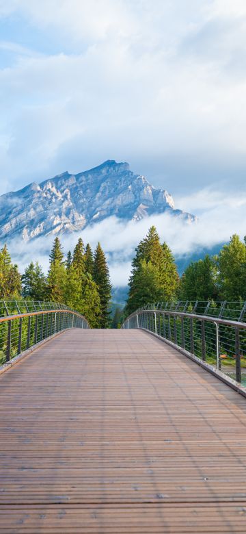 Wooden bridge, Banff National Park, Green Trees, Mountain Peak, Cloudy Sky, Landscape, Scenery, River, Rocky Mountains, 5K, 8K