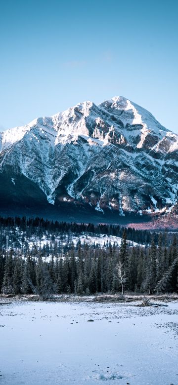 Jasper National Park, 8K, Alberta, Canada, Winter, Glacier mountains, Rocky Mountains, Mountain range, Blue Sky, Landscape, Scenery, Snow covered, 5K