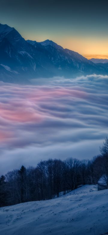 Above clouds, Scenic, Mountains, Peak, Sunrise, Moon, Winter, Cold