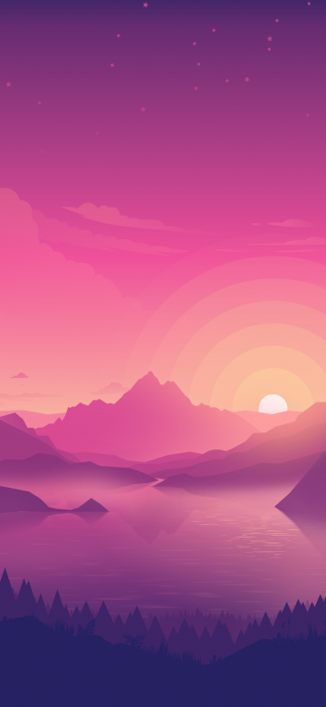 Lakeside, Aesthetic, Pink sky, Sunset, Minimal art, Gradient background, Landscape, Scenic, Panorama, 5K, 8K