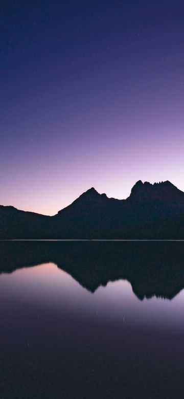 Cradle Mountain, Australia, Silhouette, Night time, Lake, Reflection, Purple sky, Landscape, Scenery, 5K