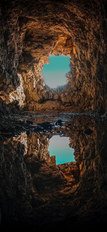 Cave, Tunnel, Reflection, Water, Symmetrical, Rock formations, Inside, Blue Sky