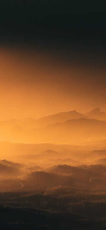 Montanas Negras, Spain, Volcano, Black mountains, Mountain range, Sunset, Aerial view, Landscape, Fog, 5K