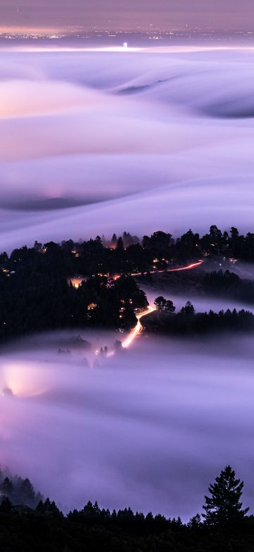 Mount Tamalpais, Mountain Peak, California, USA, Aerial view, Fog, Long exposure, Landscape, Light trails, 5K