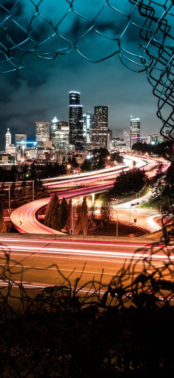 Seattle City, Cityscape, City lights, Fence, Night time, Light trails, Long exposure, Timelapse, Skyscrapers, Dark Sky, 5K