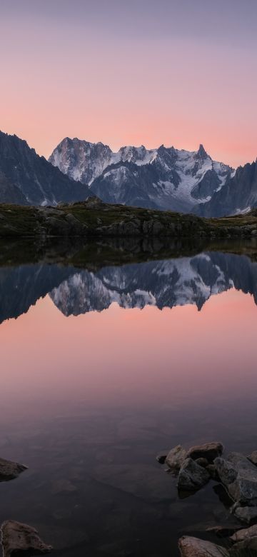 Cheserys Lake, Scenery, France, Mountain lake, Reflection, Body of Water, Mountain range, Glacier mountains, Snow covered, Landscape, 5K