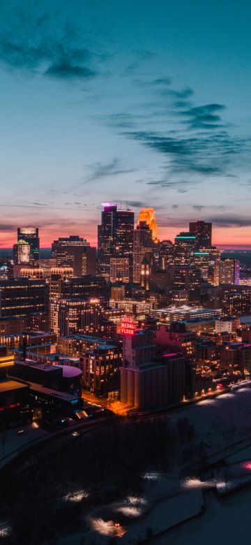 Minneapolis, Minnesota, USA, Cityscape, City lights, Skyline, Aerial view, Dusk, Skyscrapers, 5K, 8K