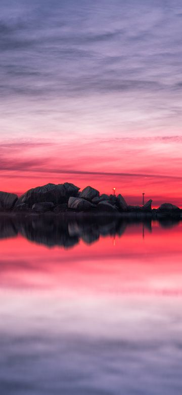 Sunset, Rocks, Lake, Red Sky, Landscape, Scenery, Body of Water, Reflection, Evening, Cloudy Sky, Horizon, 5K, 8K