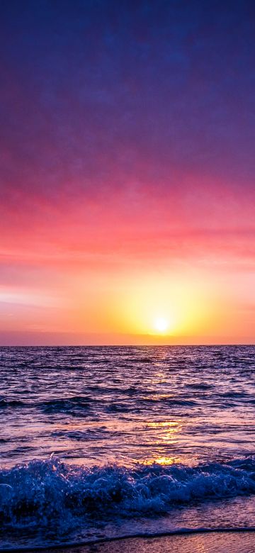 Seascape, Seashore, Sunset, Ocean Waves, Beach, Purple sky, Horizon, Reflection, Coastline, Landscape, Scenery, 5K, 8K