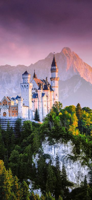 Neuschwanstein Castle, Germany, Fairy Castle, Ancient architecture, Mountain range, Sunset, Forest, Green Trees, Landscape, Scenic, Cloudy Sky, 5K, 8K