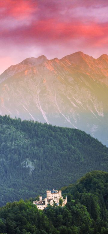 Allgäu, Germany, Landscape, Mountain range, Neuschwanstein Castle, Aerial view, Pink sky, Sunset, Scenery, Green Trees, 5K, 8K