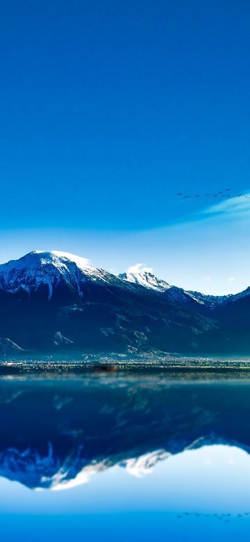 Glacier mountains, Lake, Sunrise, Blue Sky, Reflection, Mountain range, Snow covered, Clear sky, Landscape, Scenery, Fog, Early Morning, 5K, 8K