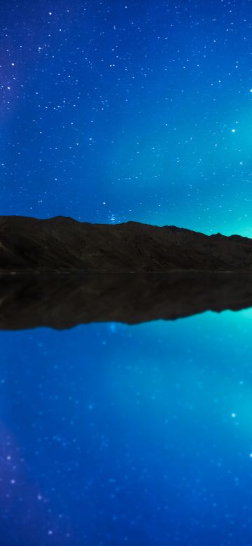 Mountain range, Silhouette, Mirror Lake, Blue Sky, Reflection, Outer space, Starry sky, Astronomy, Blue background, Landscape, Scenery, 5K, 8K