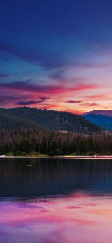 Sunset, Forest, Mountains, River, Body of Water, Reflection, Landscape, Scenery, Orange sky, 5K, 8K