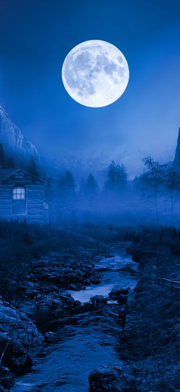 Twilight Moon, Night time, Landscape, Forest, Wooden House, Adventure, Camping, Water Stream, Mountain, 5K, 8K