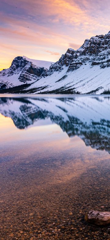 Bow Lake, Crowfoot Mountain, Canada, Banff National Park, Canadian Rockies, Glacier mountains, Mountain range, Landscape, Reflection, Scenery, Summit, Evening sky, Snow covered, 5K