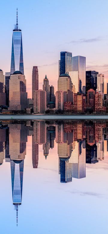 New York City, Panorama, Skyline, Sunset, Skyscrapers, Reflection, Cityscape, Digital composition, Aesthetic, 5K