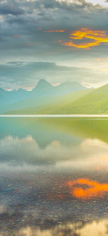 Lake McDonald, Glacier National Park, Montana, Sunrise, Golden hour, Mountain range, Body of Water, Reflection, Cloudy Sky, Landscape, 5K