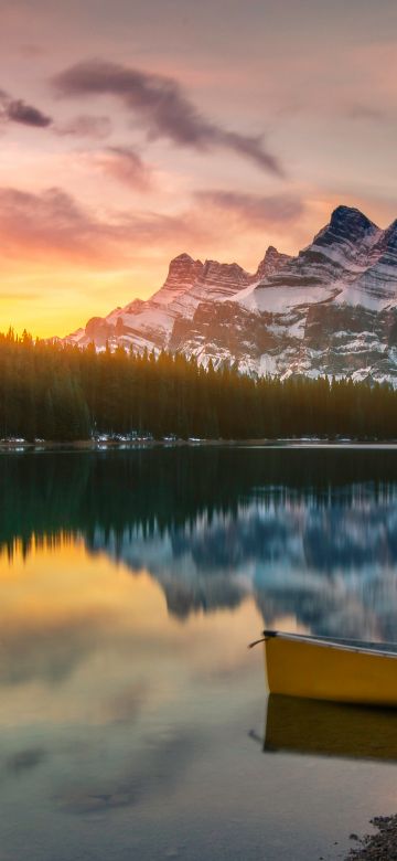 Two Jack Lake, Banff National Park, Alberta, Canada, Sunrise, Boat, Reflection, Glacier mountains, Snow covered, Alpine trees, Landscape, 5K