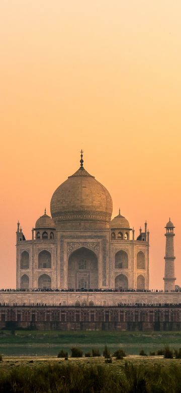 Taj Mahal, India, Sunset, Orange sky, Wonders of the World, Landscape, Landmark, Famous Place, Tourist attraction, Ancient architecture, 5K