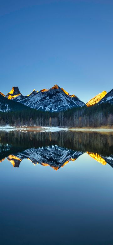 Wedge Pond, Banff National Park, Alberta, Canada, Clear sky, Sunrise, Alpenglow, First light, Landscape, Scenery, Reflection, 5K