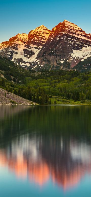 Maroon Bells, Elk Mountains, Colorado, United States, Maroon Lake, Alpenglow, Glacier mountains, Landscape, Scenery, Reflection, Blue Sky, Clear sky, 5K