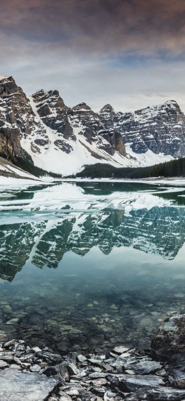 Mountain lake, 8K, Mountain range, Reflection, Landscape, Snow covered, Winter, Dusk, Scenery, 5K