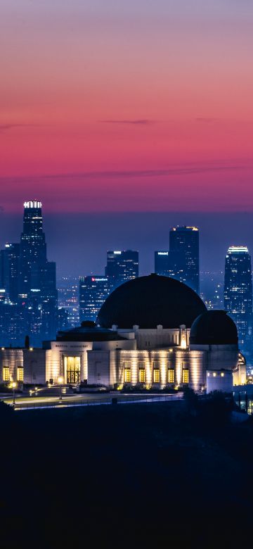 Griffith Observatory, Los Angeles, California, Sunrise, Pink sky, Dawn, Cityscape, City lights, Skyline, Skyscrapers, 5K