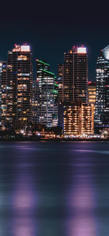 San Diego City, Cityscape, City lights, Night time, Skyline, Body of Water, Long exposure, Reflection, Skyscrapers, 5K